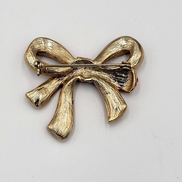 Vintage Christmas Gold Tone Bow Brooch With Red Rhinestones - Picture 2 of 11